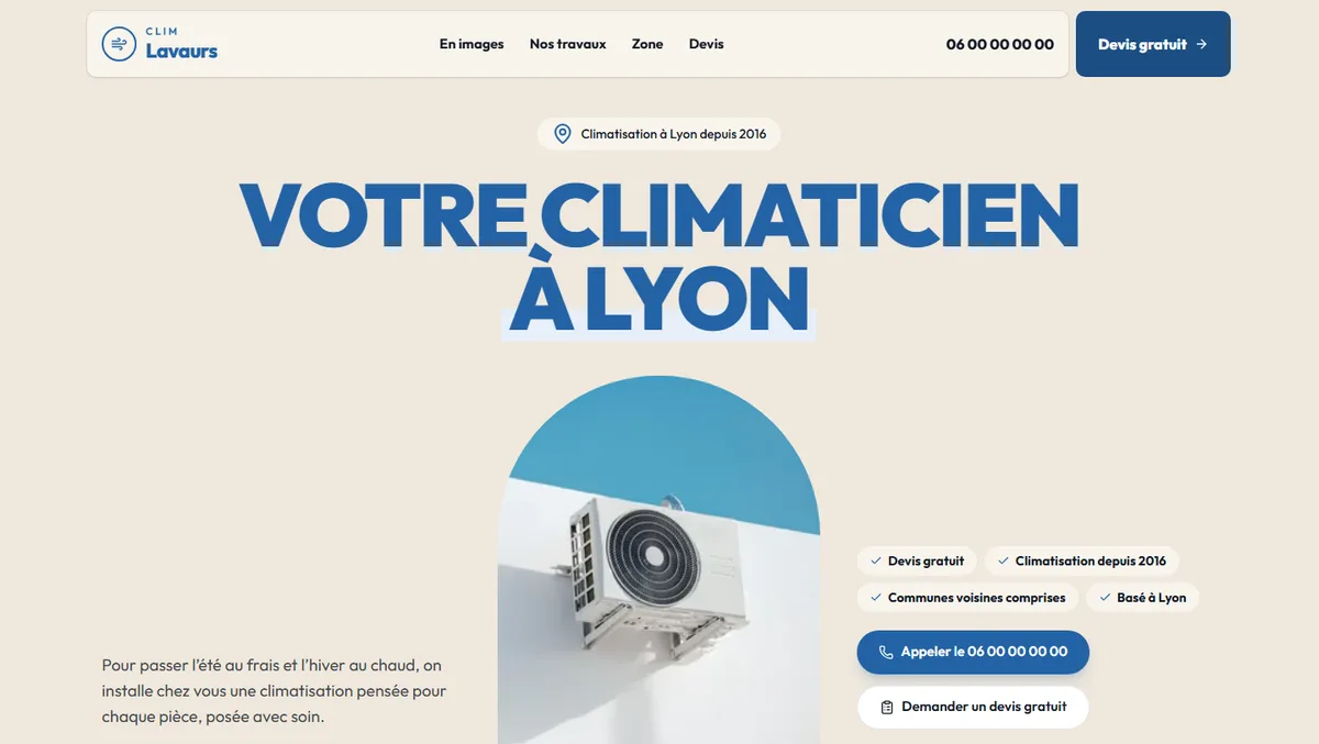 Exemple de site de climaticien à Lyon, vu sur ordinateur