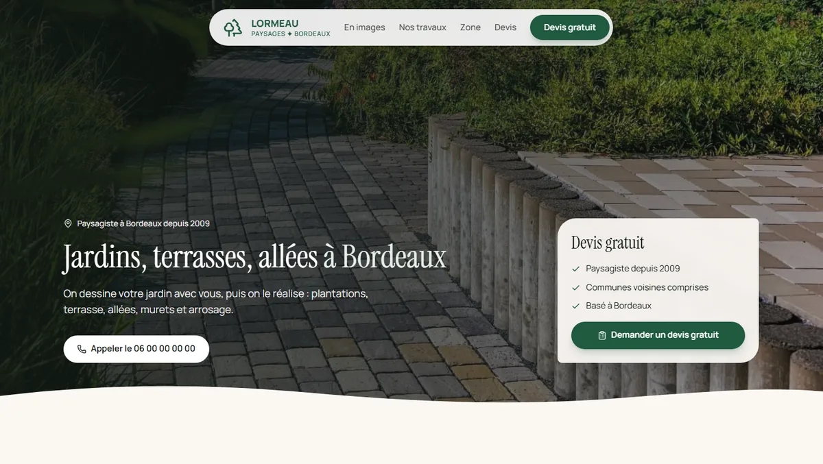 Exemple de site de paysagiste à Bordeaux, vu sur ordinateur