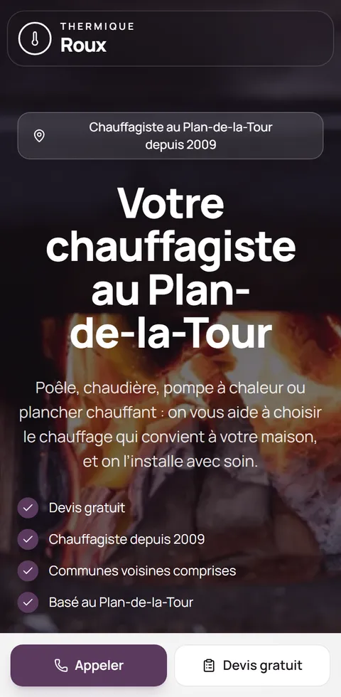 Site d'exemple de Thermique Roux, chauffagiste fictif au Plan-de-la-Tour, vu sur téléphone