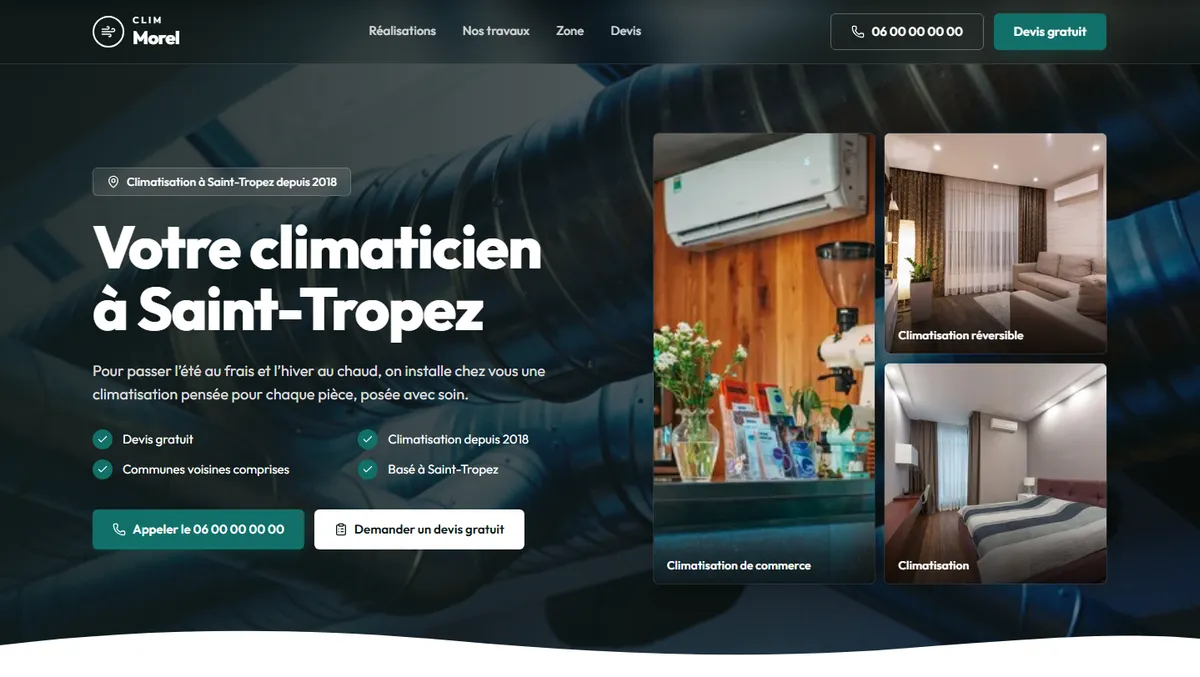 Exemple de site web de climatisation : Clim Morel, entreprise fictive à Saint-Tropez
