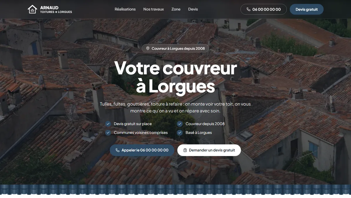 Haut du site d'exemple de Toitures Arnaud, couvreur fictif à Lorgues, vu sur ordinateur