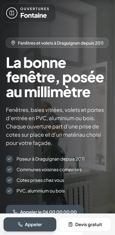 Site d'exemple d'Ouvertures Fontaine, poseur fictif de fenêtres et volets à Draguignan, vu sur téléphone
