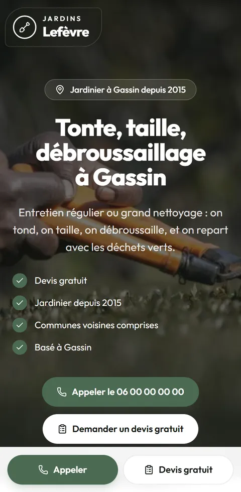 Site d'exemple de Jardins Lefèvre, jardinier fictif à Gassin, vu sur téléphone