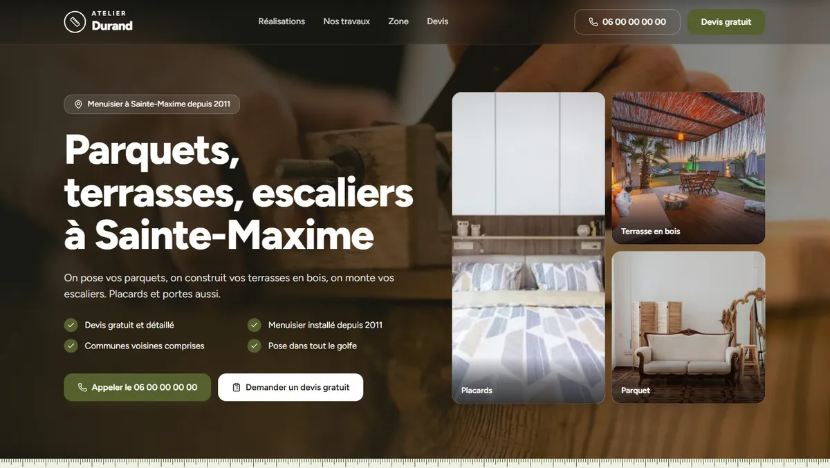 Site d'exemple de l'Atelier Durand, menuisier fictif à Sainte-Maxime, vu sur ordinateur