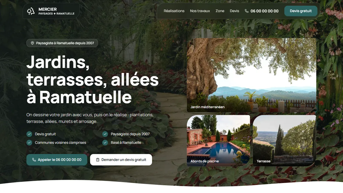 Haut du site d'un paysagiste fictif à Ramatuelle : titre, boutons d'appel et de devis, photos d'un jardin