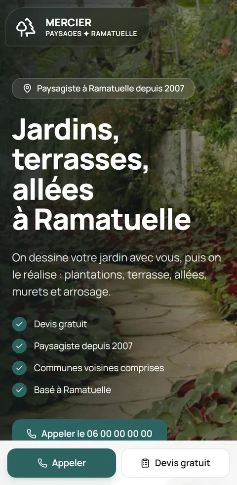 Site d'exemple de Paysages Mercier, paysagiste fictif à Ramatuelle, vu sur téléphone