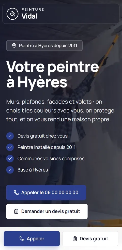 Site d'exemple de Peinture Vidal, peintre fictif à Hyères, vu sur téléphone