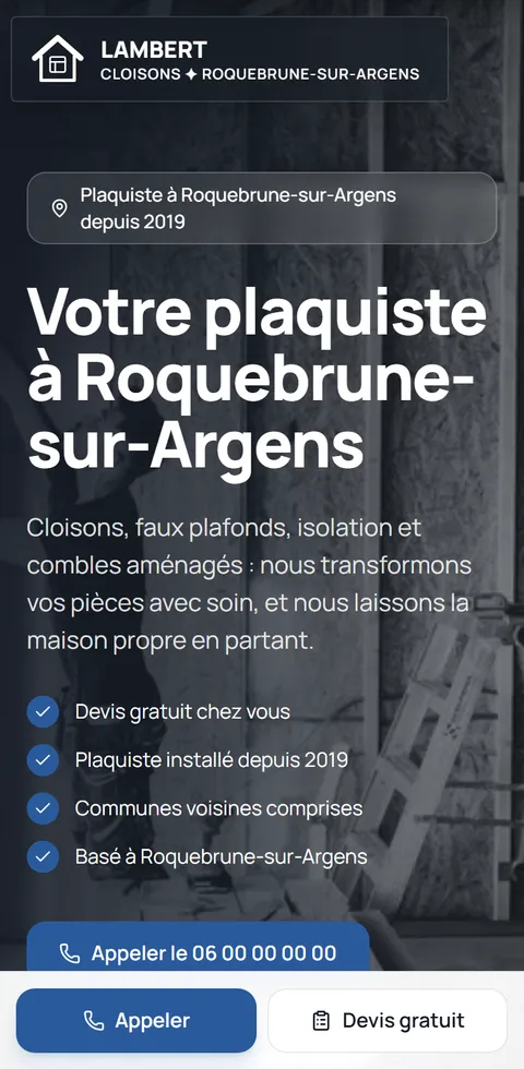 Site d'exemple de Cloisons Lambert, plaquiste fictif à Roquebrune-sur-Argens, vu sur téléphone