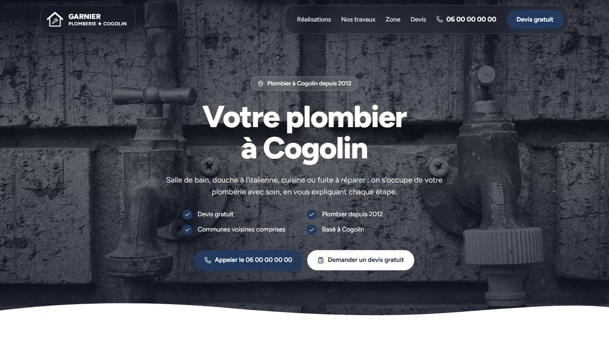 Site d'exemple de Plomberie Garnier, plombier fictif à Cogolin, vu sur ordinateur