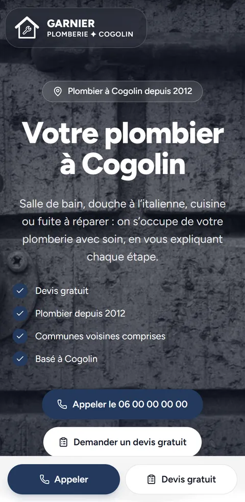 Site d'exemple de Plomberie Garnier, plombier fictif à Cogolin, vu sur téléphone